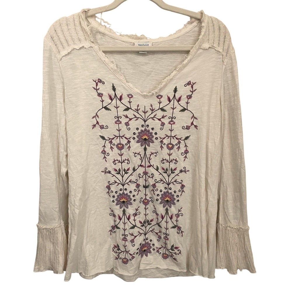 Sundance Size L Embroidered Floral Slub Knit Top Cream Long Sleeve Raw Seams